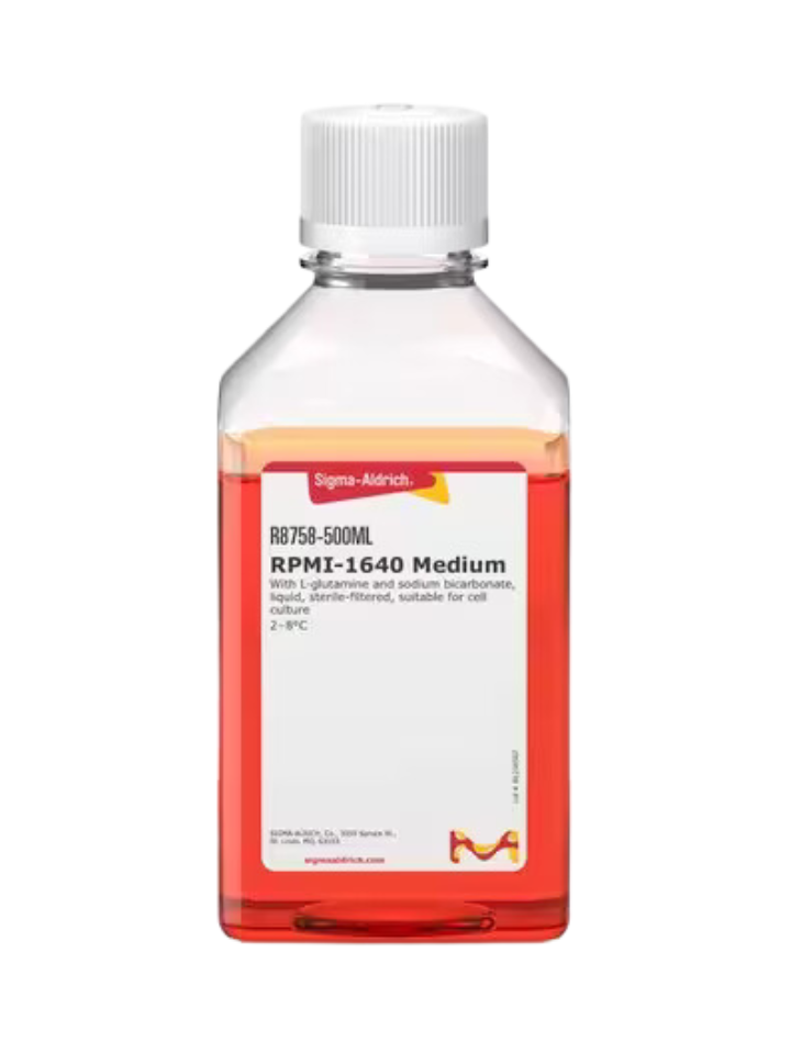 Medio RPMI 1640 con L-glutamina y bicarbonato de sodio, estéril, adecuado para cultivo celular, botella 500 ml